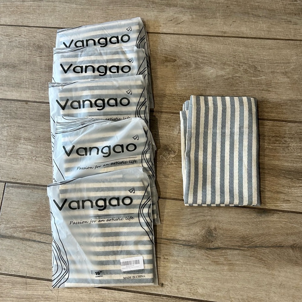 Brand New Blue and Beige Stripped Curtains. 51 w x 16 l. Lot of 6 panels